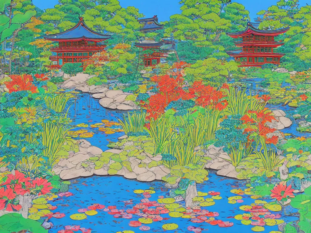 Image similar to painting of a traditional japanese house with a garden, a pond in the garden, startroopers are sitting around the pond, a combination of pop art and traditional japanese painting styles, the style of andy warhol and jackie tsai, bright palette, acrylic on canvas