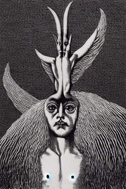 Prompt: a vibrant ultraclear closeup portrait of baphomet by rene magritte, etching by gustave dore, colorful flat surreal, ethereal, intricate, sharp focus, illustration, highly detailed, digital painting, concept art, masterpiece