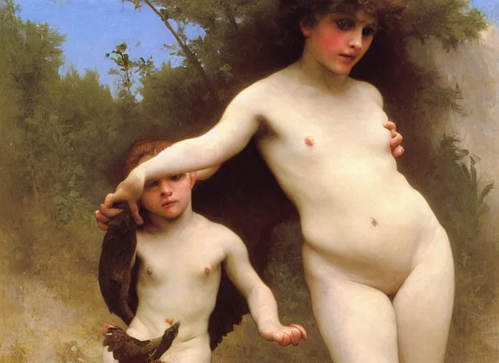 Image similar to feral child with giant chick, bouguereau