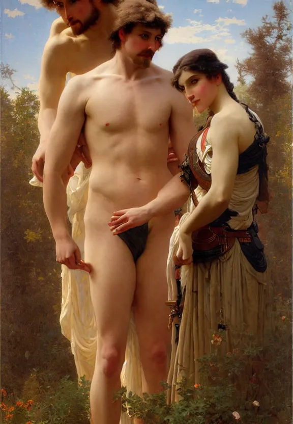 Image similar to attractive handsome fully clothed beck hansen confesses his love for attractive fully armored bjorl. centered composition. highly detailed painting by gaston bussiere and j. c. leyendecker and william adolphe bouguereau and fra angelico and octane render, musee d'orsay 8 k