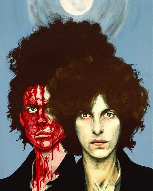 Prompt: two beautiful but sinister young men wearing oxford shirts in layers of fear, with haunted eyes and wild hair, 1 9 7 0 s, seventies, wallpaper, a lot of blood, moonlight showing injuries, delicate embellishments, painterly, offset printing technique, by brom, robert henri, walter popp