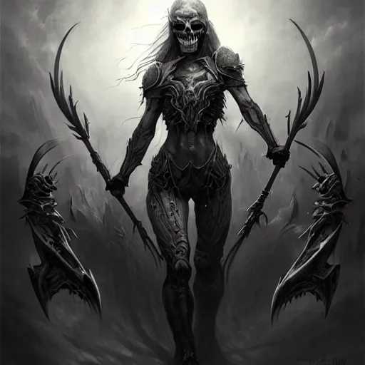 Image similar to concept art by artgerm, death of the four horsemen of the apocalypse, soft grey and blue natural light, intricate, queen of death riding, highly detailed dark art, digital painting, artstation, concept art, smooth, sharp focus, illustration, art by greg rutkowski and luis rollo and uang guangjian and gil elvgren, symmetry!