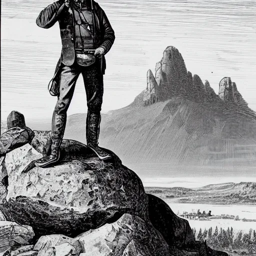 Prompt: 19th century scruffy american trapper, standing on top of boulder, bandana covering face, overlooking martian landscape, pulp science fiction illustration