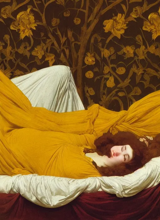 Image similar to masterpiece portrait of lady reclining on bed wearing yellow ochre ornate medieval dress, vertical, foreshortening, colour photography by frederic leighton, william morris, 8 k