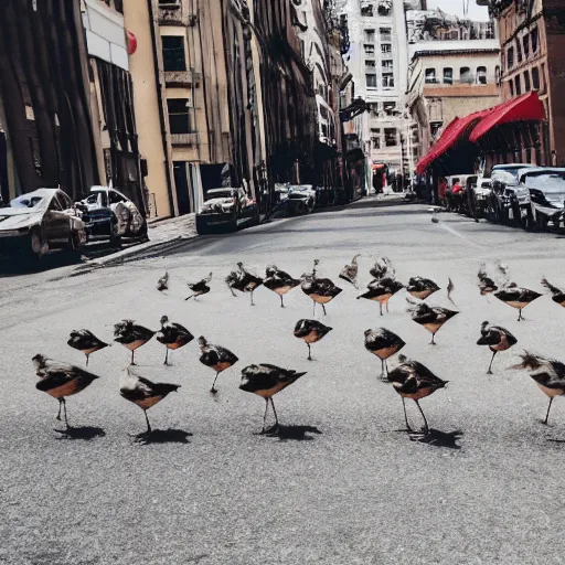 Prompt: a flock of sparrows following a little girl walking on the street