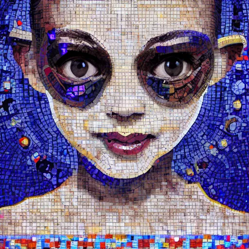 Image similar to portrait mosaic of a beautiful cute girl with robot ears and eyes by joe biden, 4k, intricate details, digital, between heaven and hell