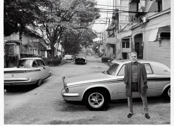 Image similar to a man standing next to a car on a city street, an album cover by Gregory Crewdson, featured on cg society, american realism, movie still, movie poster, criterion collection