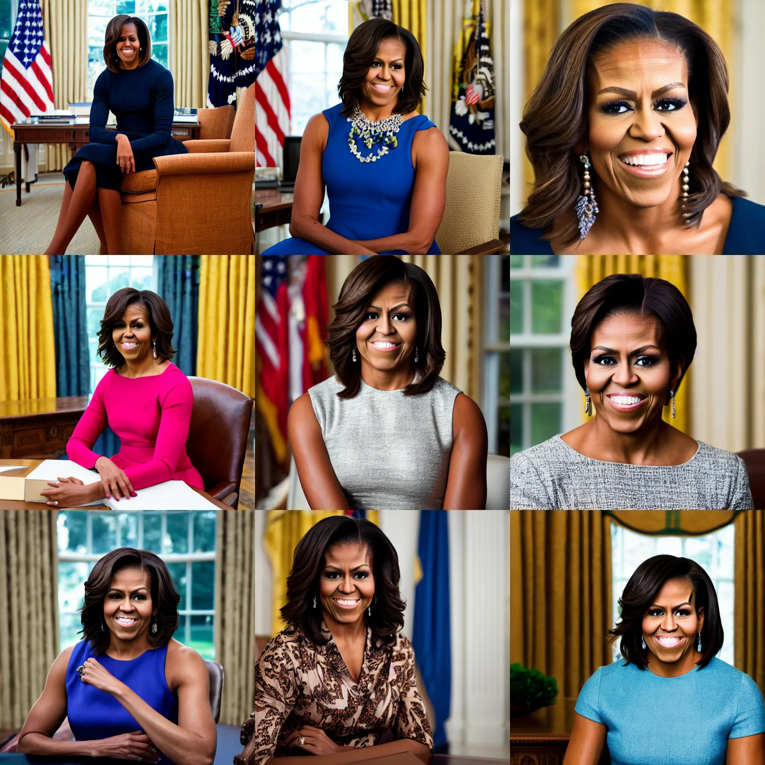 Prompt: headshot of michelle obama as the president of the united states sitting in the oval office, EOS-1D, f/1.4, ISO 200, 1/160s, 8K, RAW, unedited, symmetrical balance, in-frame, Photoshop, Nvidia, Topaz AI