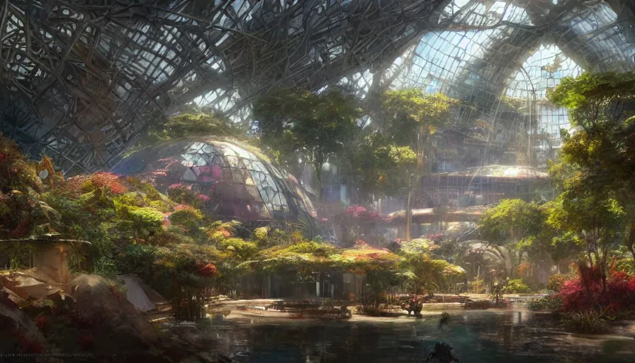 Prompt: craig mullins and ghibli digital illustration of the interior of the largest biodome in the world, colorful, unreal engine, hyper realism, realistic shading, cinematic composition, realistic render, octane render, detailed textures, photorealistic, wide shot,