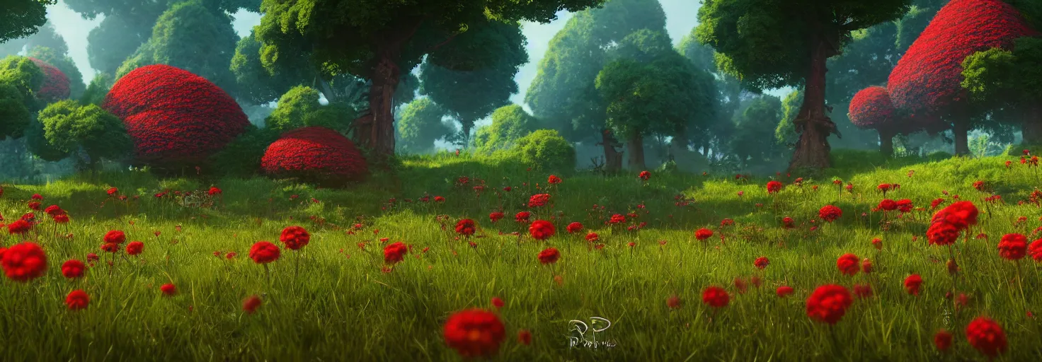 Image similar to crimson - black beehive, in a beautiful forest meadow village landscape, flowers, happy trees, photorealistic, octane render, rtx, hdr, unreal engine, digital art widescreen 8 k, studio ghibli, bob ross, pixar, bee movie, disney