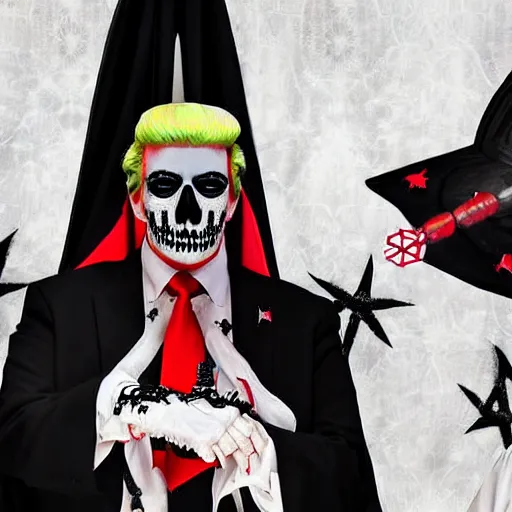 Prompt: Satanic States of America, goth Donald Trump, Donald Trump as an occultist, 2017 photograph, news conference, blood ceremony