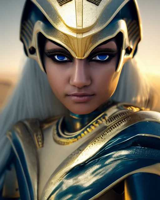 Image similar to girl in egypt, egyptian cyborg armor, white hair, atmosphere, gold, detailed, intricate, desert, beautiful face, cinematic lighting, trending on artstation, blue eyes, 4 k, focused, extreme details, cinematic, masterpiece, by akihito tsukushi