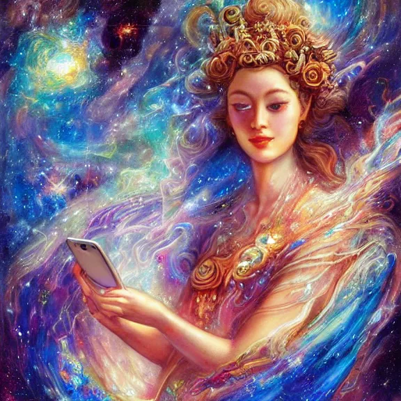 Image similar to a goddess of hubble space telescope images checking her phone, magic realism, art by josephine wall, art by huang guangjian, art by viktoria gavrilenko, art by amanda sage, trending on artstation