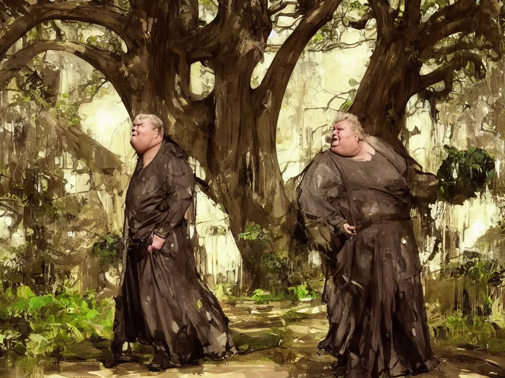 Image similar to full body portrait of kenneth mcmillan as an obese baron harkonnen standing in the lovely gardens of an enormous stately home at midday, a baobab tree is in the garden, flowers, a small pond, john william waterhouse, john berkey, artgerm, anders zorn, jeremy mann, dune concept art artstation, the baron