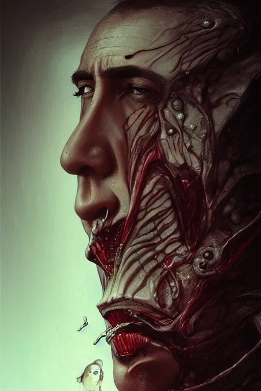 Image similar to very very beautiful longshot photo of chthonic Nicholas Cage, highly detailed, artstation, concept art, smooth, sharp focus, illustration, art by Ayami Kojima, Beksinski, Giger