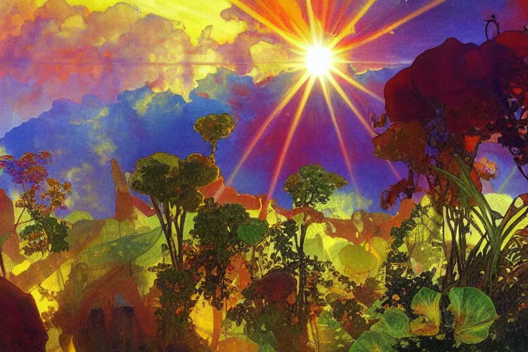 Prompt: landscape of the planet earth with colorful vegetation and sunrays and a surreal sky by alfons maria mucha, trending on artstation.