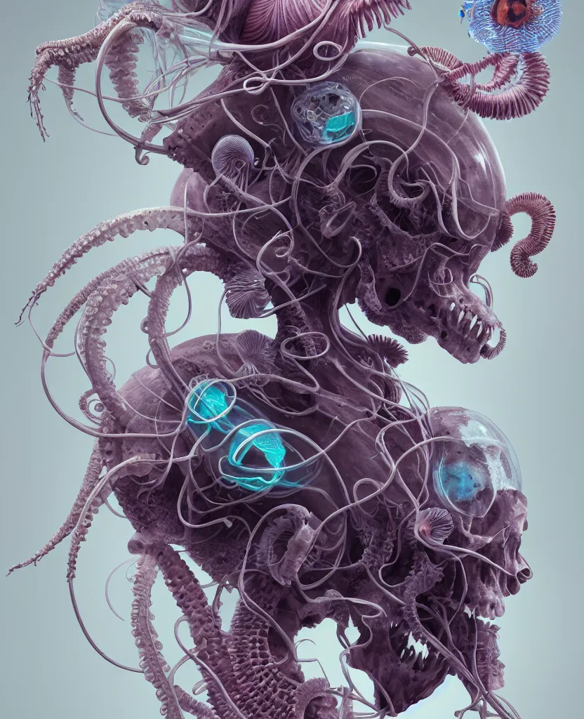 Image similar to goddess close-up portrait ram skull, thorax, x-ray, backbone, jellyfish phoenix head, nautilus, orchid, skull, betta fish, bioluminiscent creatures, intricate artwork by Tooth Wu and wlop and beeple. octane render, trending on artstation, greg rutkowski very coherent symmetrical artwork. cinematic, hyper realism, high detail, octane render, 8k