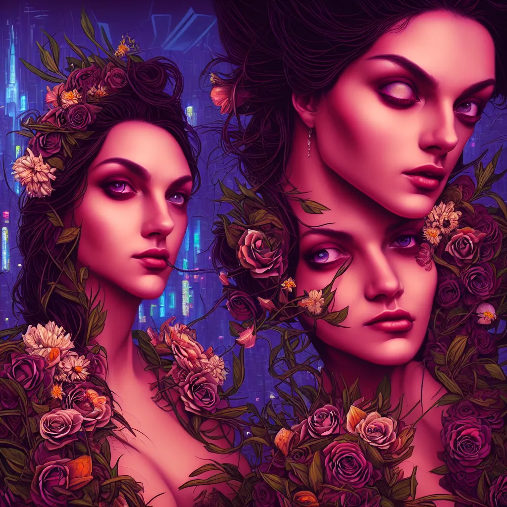 Image similar to a beautiful closeup portrait painting of the flower queen in a sensual pose, in the style dan mumford artwork, in the background a futuristic cyberpunk city with lit windows is seen.