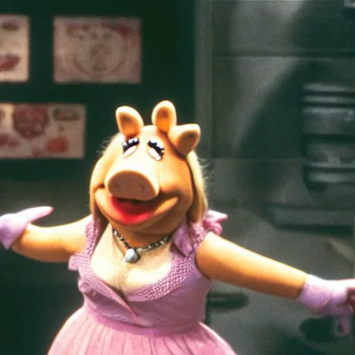 Prompt: movie still of miss piggy in the matrix