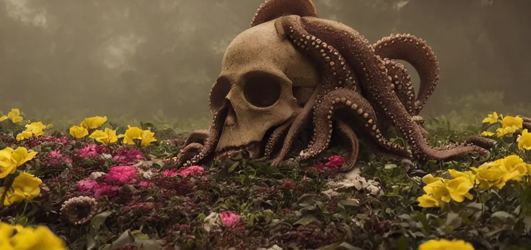 Prompt: an octopus in the shape of a skull surrounded by flowers at midnight, foggy!, cinematic shot, photo still from movie by denis villeneuve