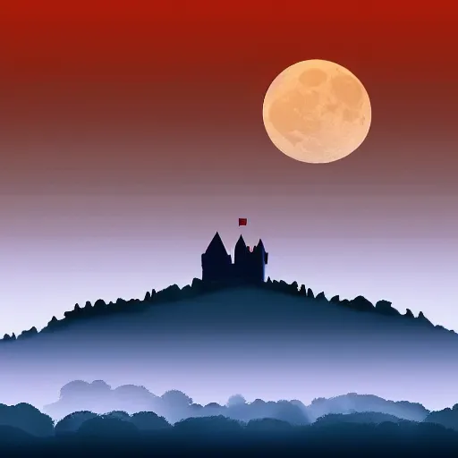 Prompt: silhouette of a castle on misty mountains, digital art, highly detailed, beautiful, calm, full moon