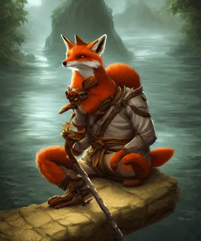 Prompt: a portrait of an anthropomorphic ninja fox meditating, sitting by a river, cute and adorable, dnd character art portrait, well rendered matte fantasy painting, deviantart artstation, by jason felix by steve argyle by tyler jacobson by peter mohrbacher, cinematic lighting