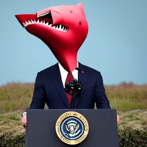 Prompt: the president with a shark head making a speech to millions of people