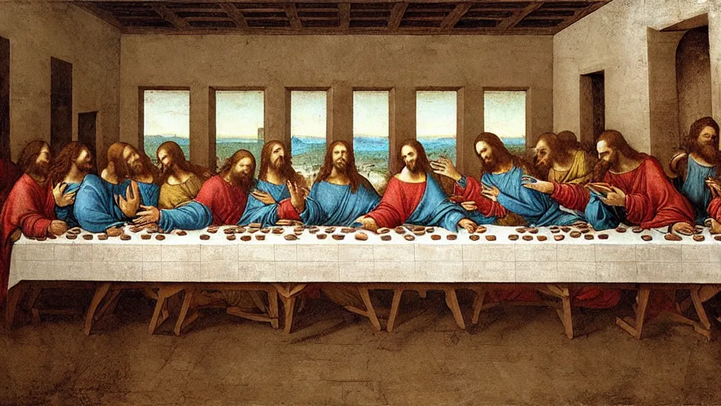 Image similar to the last supper by da vinci but jesus and his disciples are all dabbing