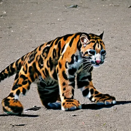 Prompt: anthropomorphic clouded leopard wearing a space suit, slight downward angle