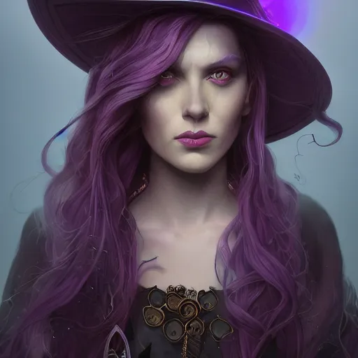 Image similar to an insanely detailed portrait of a beautiful witch with long purple hair, black witch hat, purple irises, in the style of peter mohrbacher, artgerm, dramatic lighting and composition, octane render, trending on artstation, concept art 8 k