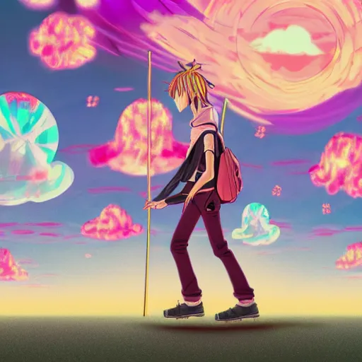 Image similar to a pink skinny anime boy wearing a small satchel and a pink witches hat walking through a psychedelic landscape