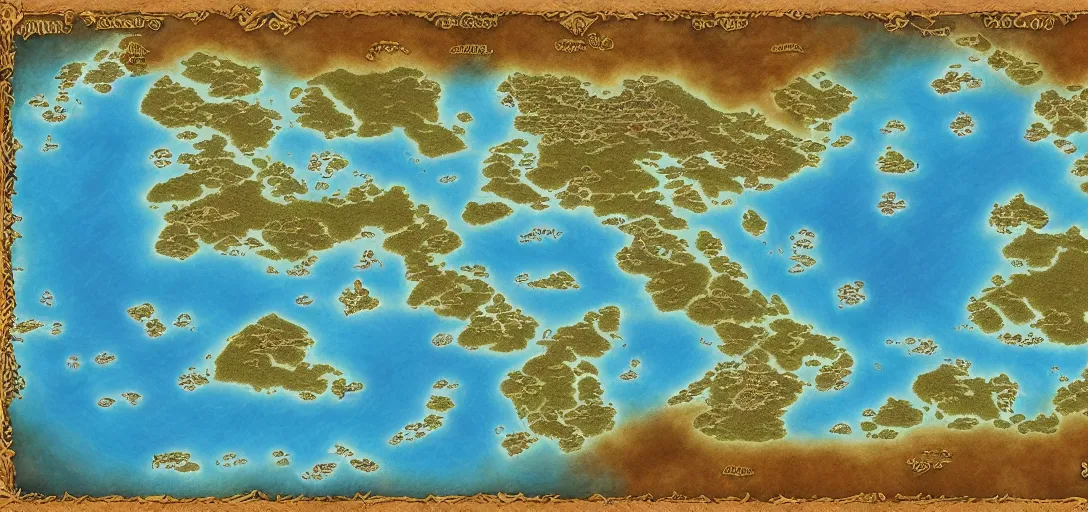 Prompt: fantasy world atlas in the style of a world of warcraft world map, 7 0 % ocean, extremely detailed, fantasy, no text, 4 k