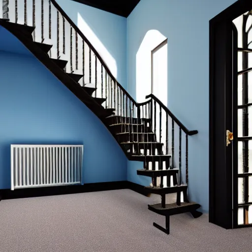 Image similar to dark nostalgic empty house with stairs in the middle and doors on either side, one door is closed and the door on the right is open to a blue bathroom, tan carpet