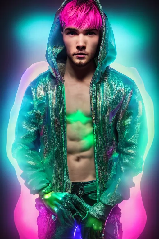 Prompt: hyper detailed ultra sharp fullbody photo of baroque and cyberpunk transparent neon ceramic sculpture of a muscular seductive muscular liam payne feeling muy cachondo, muy dotado, iridescent humanoid deity wearing teal plastic hooded cloak, holding a rainbow lizard gem, blue diamond, glowing pink face, crown of white diamonds, cinematic lighting, photorealistic, octane render 8 k