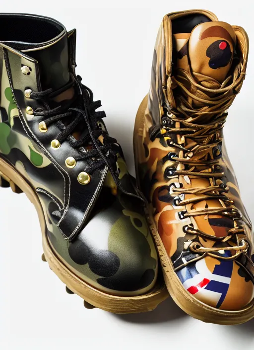 Image similar to hyperrealistic and heavy detailed product photo bape avant garde boots of movie the fifth element, in front of white back drop, whole shoe is in picture, leica sl 2 5 0 mm, vivid color, high quality, high textured, real life