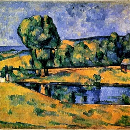 Prompt: small homestead on the edge of a lake, by Paul Cézanne