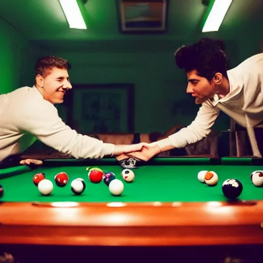 Prompt: two skeletons playing pool on a green pool table in a basement, nostalgic photo, warm lighting