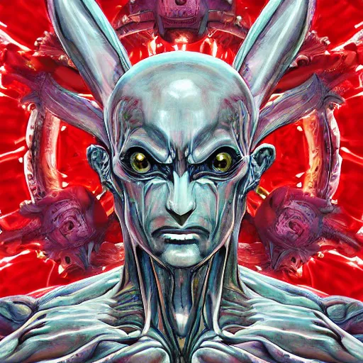 Image similar to 4K headshot of godlike Alien with defined arms and open hands and bloody clothes with giant mandala wings , intricate face , flawless anime cel animation by Kentaro Miura, psychedelic , highly detailed upper body , professionally post-processed , beautiful, scary, symmetry accurate features, epic, octane rendered, anime masterpiece, accurate by Craig Mullins, ilya kuvshinov, krenz cushart, epic , artgerm trending on artstation by Edward Hopper and Dan Mumford and WLOP and Rutkovsky, beksinski carl spitzweg moebius and tuomas kocar, intricate artwork by caravaggio, Unreal Engine 5, Lumen, Nanite