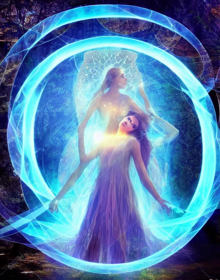 Prompt: goddes of illusion, beautiful, stunning, breathtaking, mirrors, glass, magic circle, magic doorway, fantasy, mist, bioluminescence, fractal