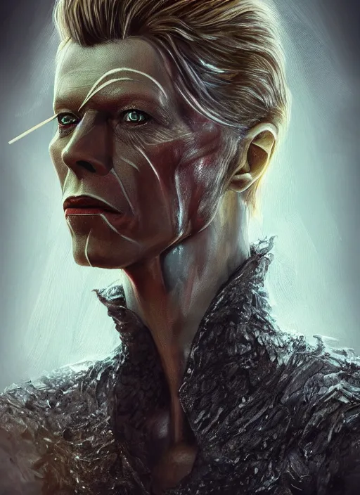 Prompt: masterpiece portrait david bowie, full body, dark souls style, warrior, gael knight, ashen warrior, detailed portrait, fantasy character portrait, top lighting, hyper detailed, digital painting, 8 k realistic, hyper detailed, realistic shaded, perfect face, artstation,