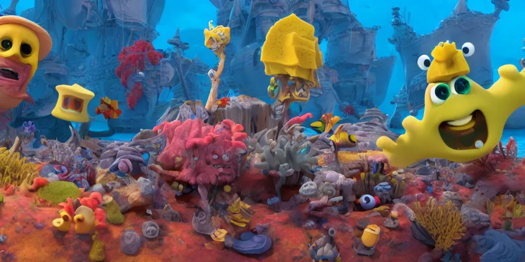 Prompt: pirates on the seafloor there are sponges in the foreground, renderman, 4k, 3d, detailed