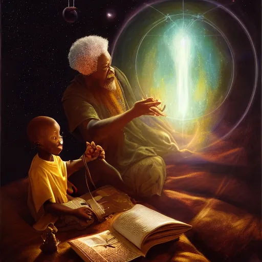 Image similar to an elder african psychic man showing a small boy a crystal ball while holding a book of spells under a meteor shower, greg rutkowski and android jones and amanda sage, oil on canvas, 8k