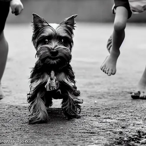 Prompt: a young yorkie dog, playing in the back yard after it rained on a cloudy day, and a kid running around with them, realistic photo