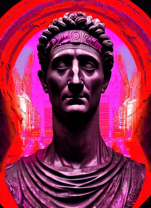 Prompt: black background with very subtle red and purple design elements, statue of julius caesar, nekro, graphic design, collage art, thin lines, dark, glitch art, neo vaporwave, gritty, layout frame, square, trending on artstation