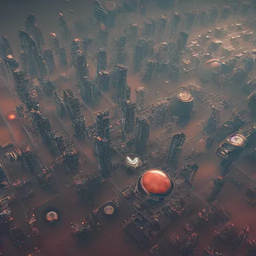 Image similar to Aerial photo of a cyberpunk city on Mars