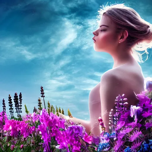 Image similar to a photo art of a romantic woman with flowers grow out of hair, roses peonies forget-me-nots dahlias lupins gladioli, sky theme in background, 35mm Photograph, 4K Resolution, Astrophotography, Digital Art, Trending on artstation