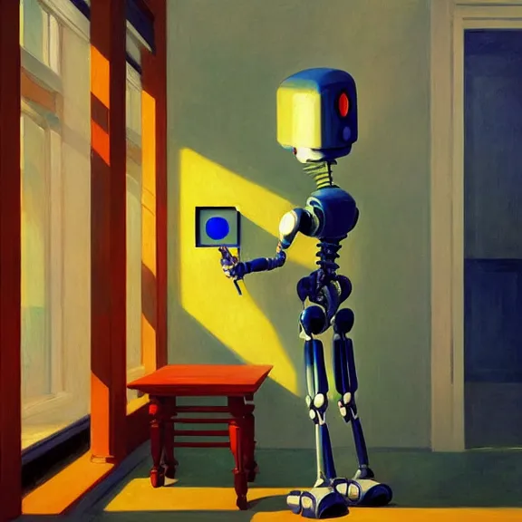 Prompt: beautiful illustration of a robot painting an artwork on a canvas with a paintbrush by Edward Hopper, clean lines, very detailed, colorful octane render