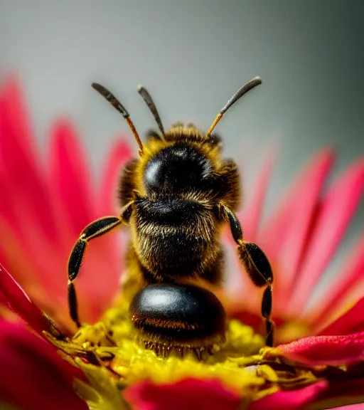 Image similar to super macro photo of a bee made of gold on a flower in a forest. dof. bokeh. magical atmosphere. art by greg rutkowski. lifelike. very detailed 8 k. intricate. soft light. nikon d 8 5 0.