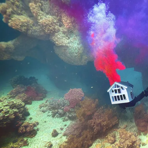 Image similar to a house burning underwater, with a humanoid robot, 8 k resolution, colorful, mariana trench