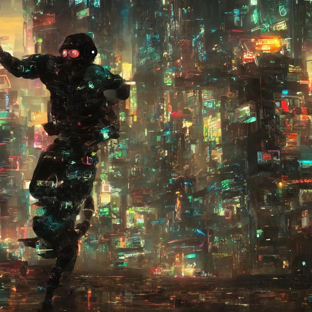 Image similar to a cyberpunk soldier running in full speed